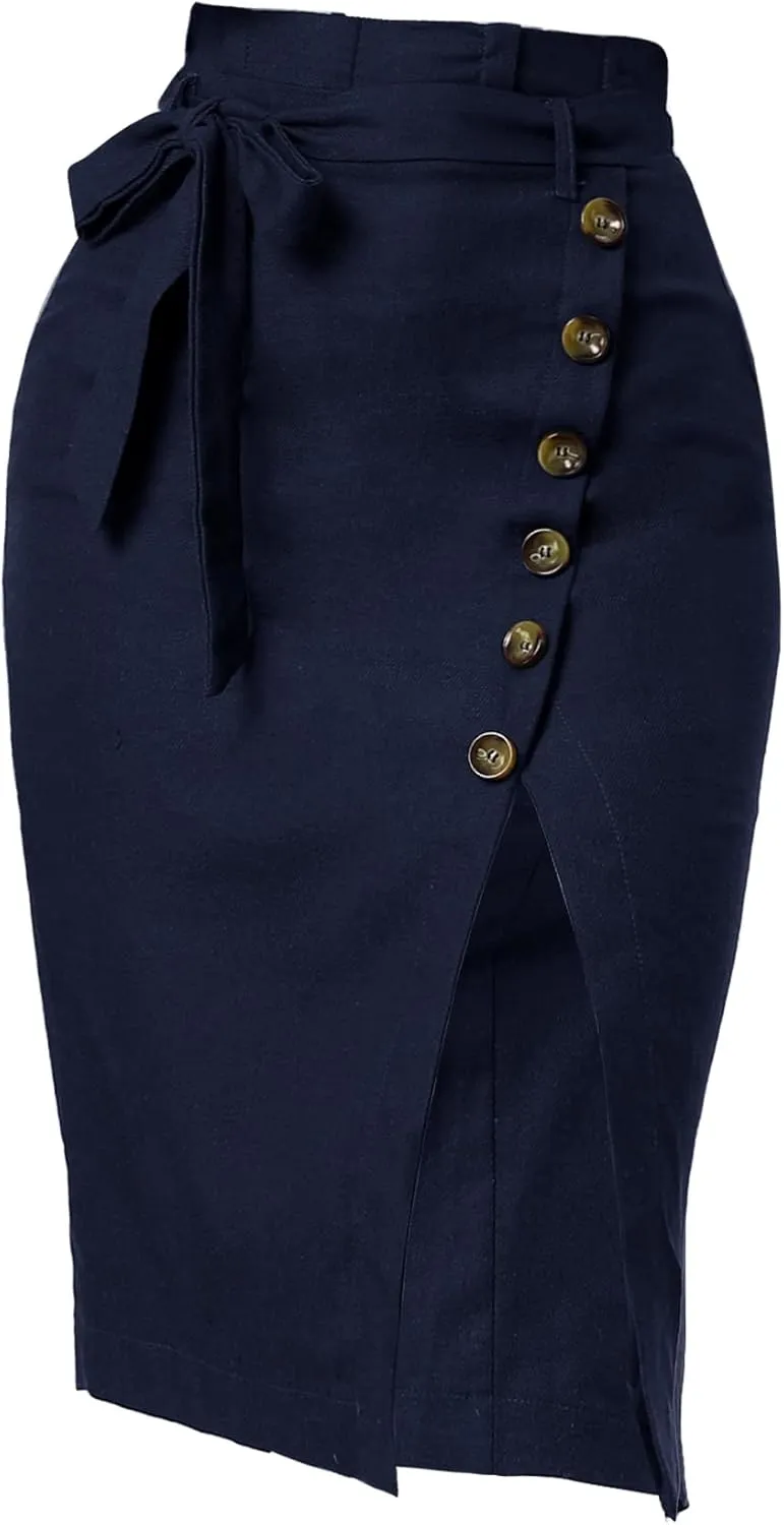 Allegra K Women's Pencil Skirt High Waisted Slit Button Decor Belted Work Skirts