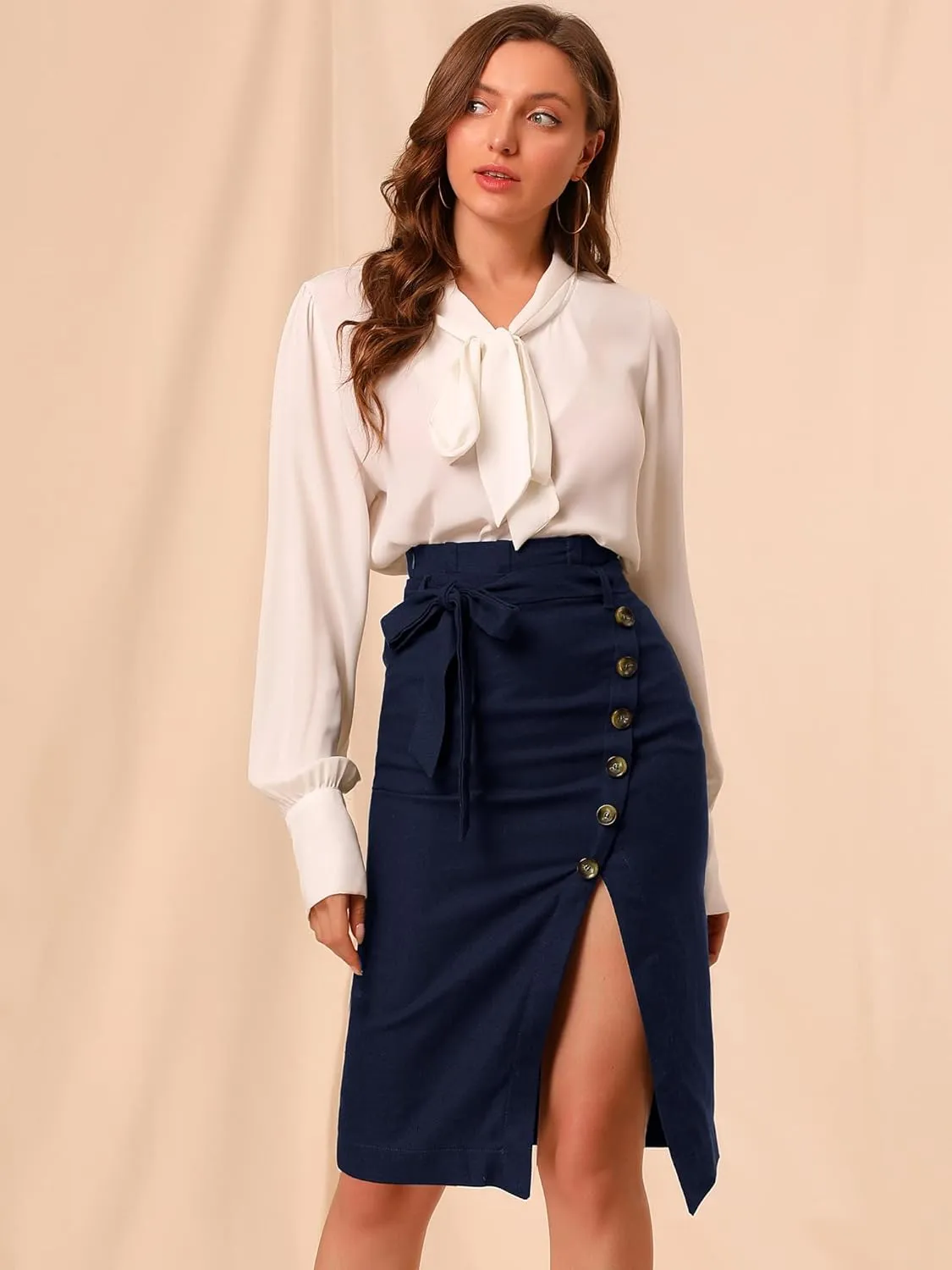 Allegra K Women's Pencil Skirt High Waisted Slit Button Decor Belted Work Skirts