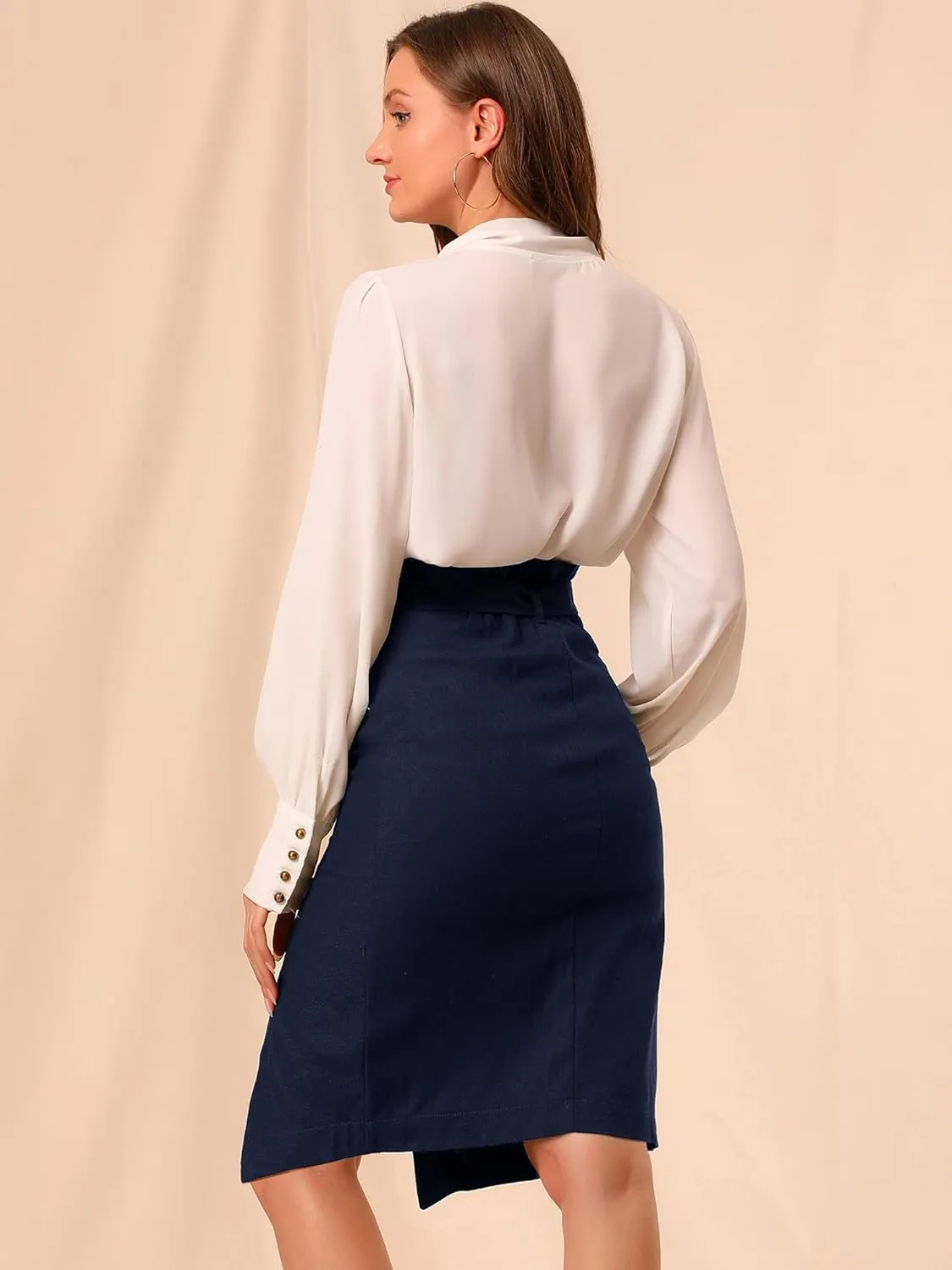 Allegra K Women's Pencil Skirt High Waisted Slit Button Decor Belted Work Skirts