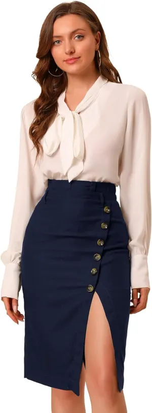 Allegra K Women's Pencil Skirt High Waisted Slit Button Decor Belted Work Skirts