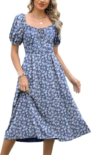 Caracilia Women Summer Boho Midi Dresses Puff Sleeve Square Neck Floral Bridal Shower Wedding Guest Flowy Sundress