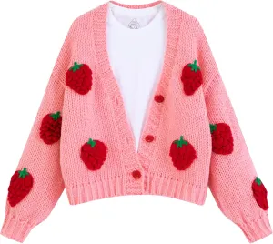 FindThy Womens Kawaii Strawberry Embroidered Cardigan Long Sleeve V Neck Chunky Knitted Cardigans Tops
