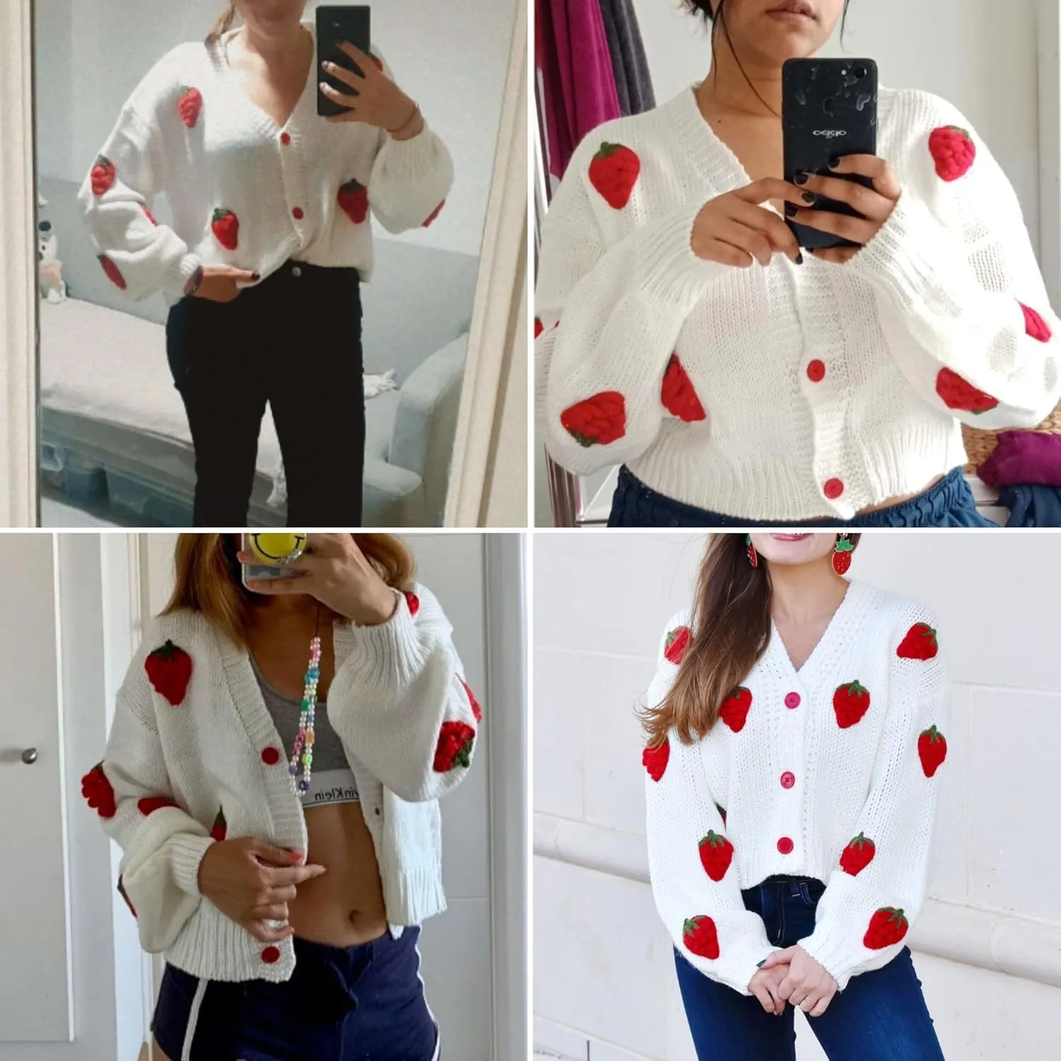 FindThy Womens Kawaii Strawberry Embroidered Cardigan Long Sleeve V Neck Chunky Knitted Cardigans Tops
