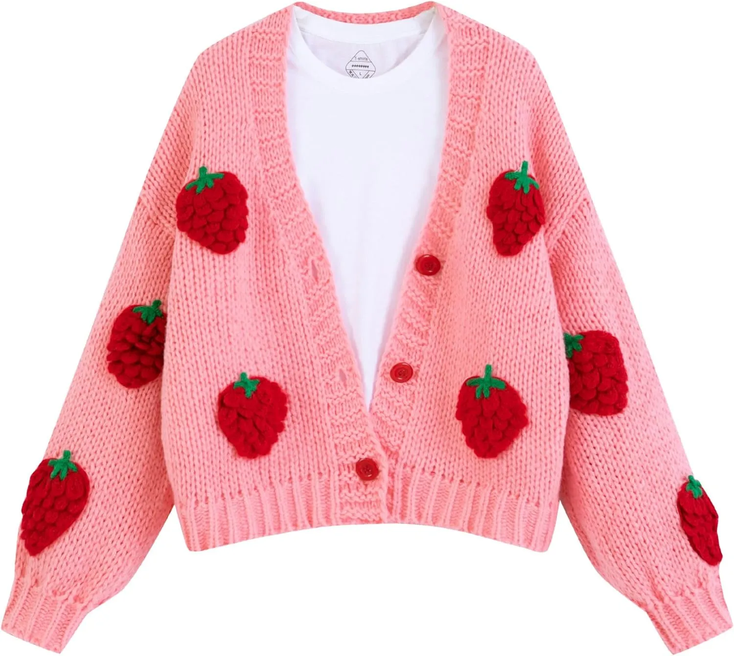 FindThy Womens Kawaii Strawberry Embroidered Cardigan Long Sleeve V Neck Chunky Knitted Cardigans Tops