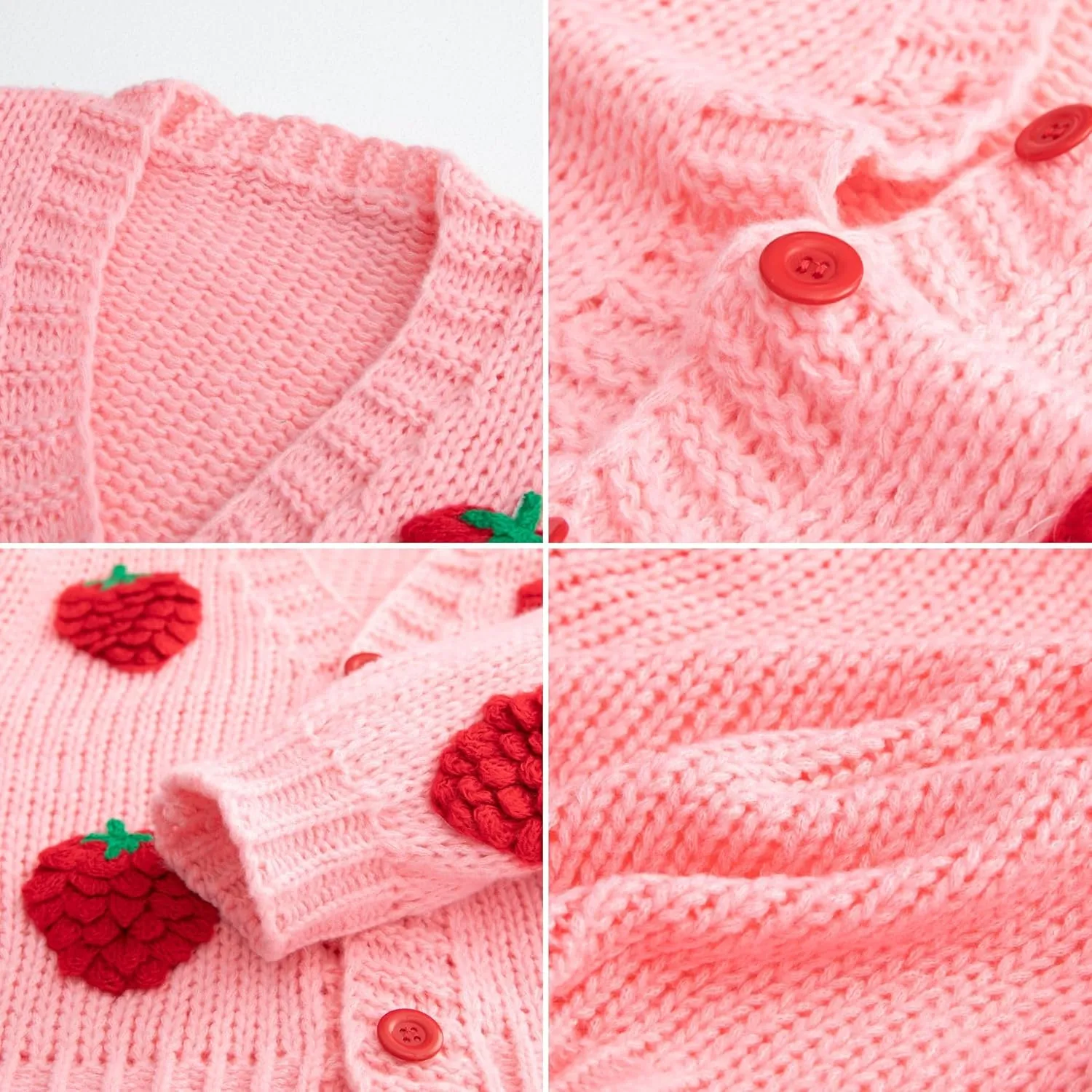 FindThy Womens Kawaii Strawberry Embroidered Cardigan Long Sleeve V Neck Chunky Knitted Cardigans Tops