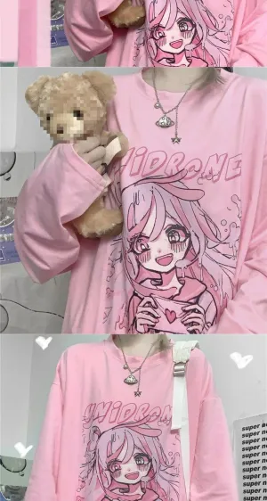 Gothic Harajuku Oversized T-Shirt Kawaii Long Sleeve Pullover Tops Japanese Anime Graphic Emo Outfits Teens Alt Clothes (Pink,2XL)