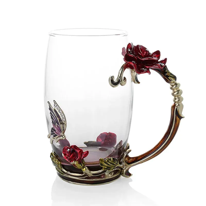 Handmade Enamels Coffee Mugs Rose Glass Tea Cup with Steel Spoon Luxury Unique Gifts for Wedding Valentine's Day Birthday Gifts