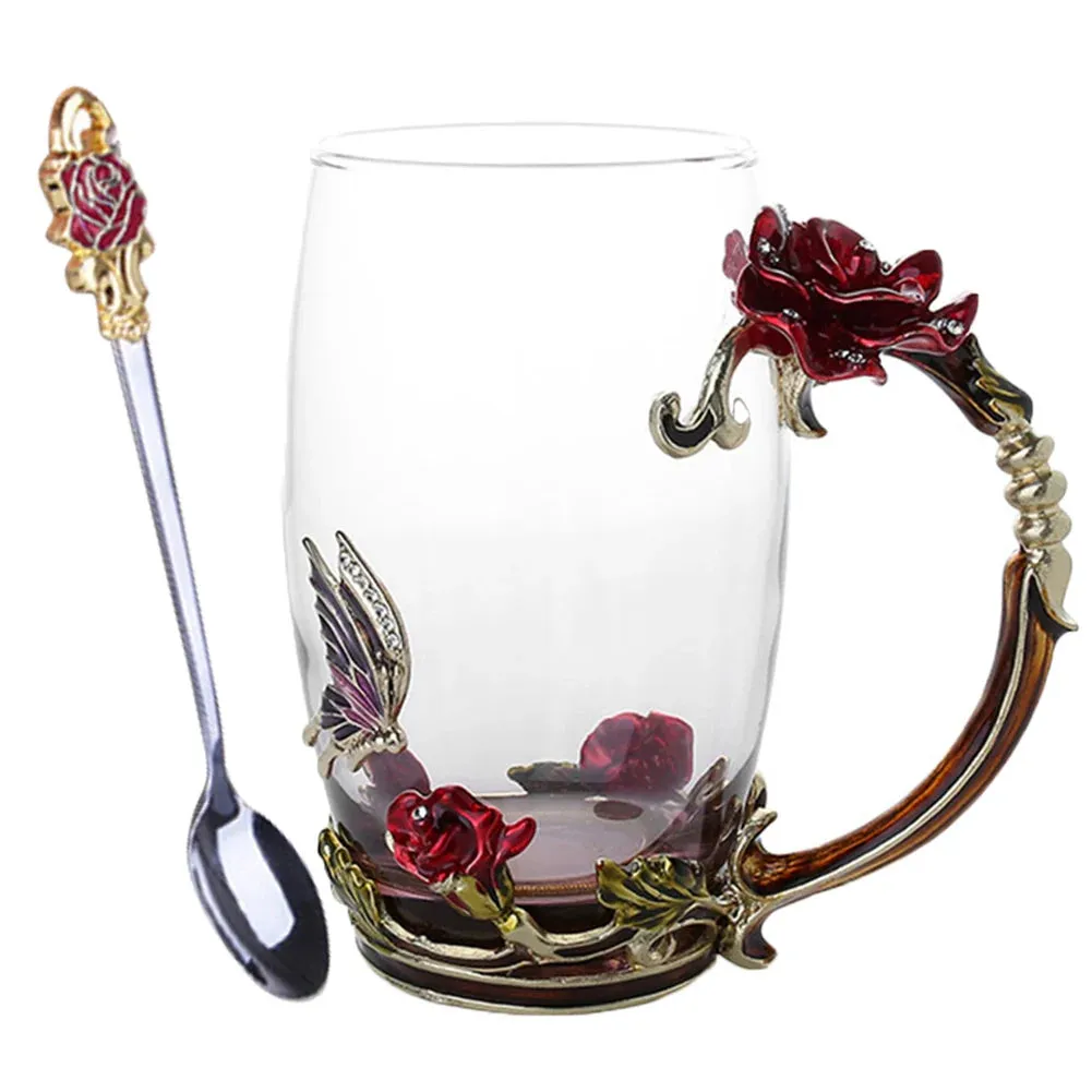 Handmade Enamels Coffee Mugs Rose Glass Tea Cup with Steel Spoon Luxury Unique Gifts for Wedding Valentine's Day Birthday Gifts