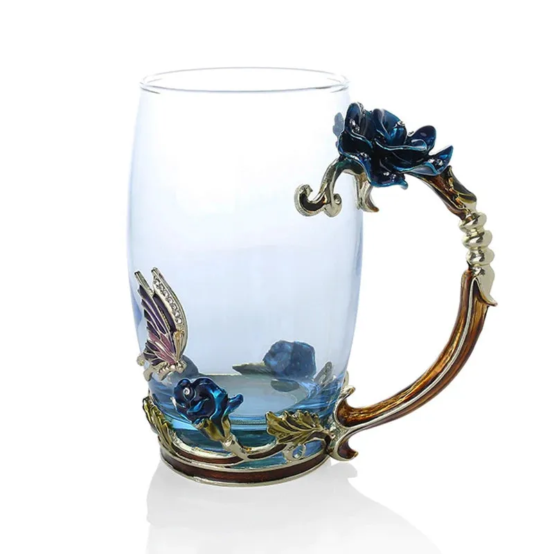 Handmade Enamels Coffee Mugs Rose Glass Tea Cup with Steel Spoon Luxury Unique Gifts for Wedding Valentine's Day Birthday Gifts