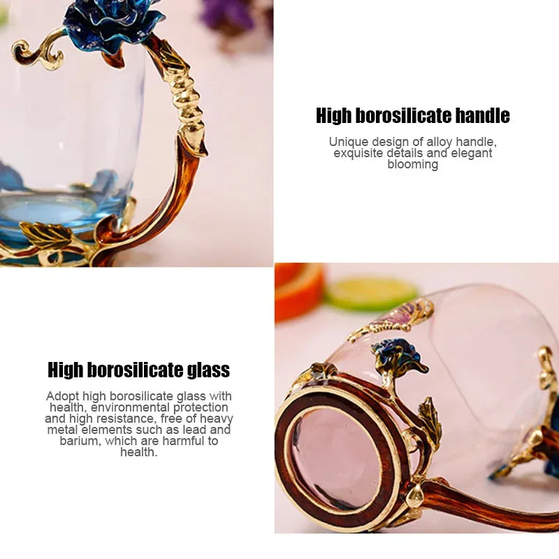 Handmade Enamels Coffee Mugs Rose Glass Tea Cup with Steel Spoon Luxury Unique Gifts for Wedding Valentine's Day Birthday Gifts