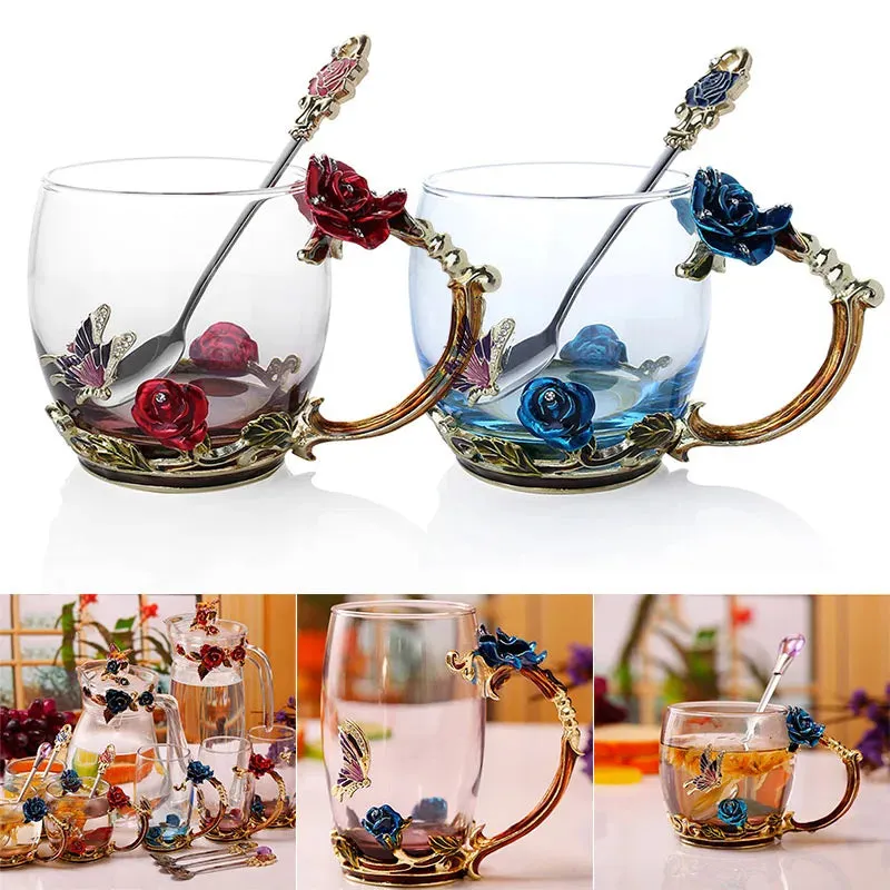 Handmade Enamels Coffee Mugs Rose Glass Tea Cup with Steel Spoon Luxury Unique Gifts for Wedding Valentine's Day Birthday Gifts