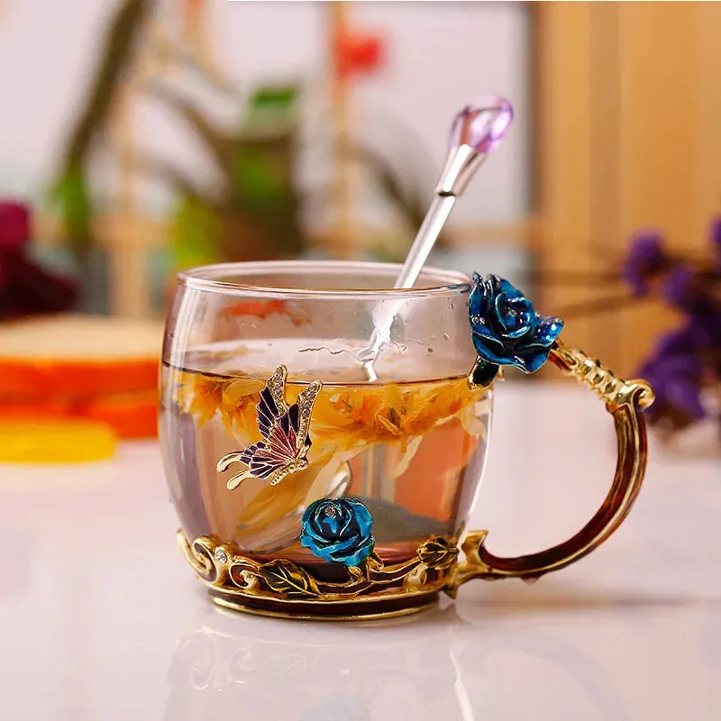 Handmade Enamels Coffee Mugs Rose Glass Tea Cup with Steel Spoon Luxury Unique Gifts for Wedding Valentine's Day Birthday Gifts