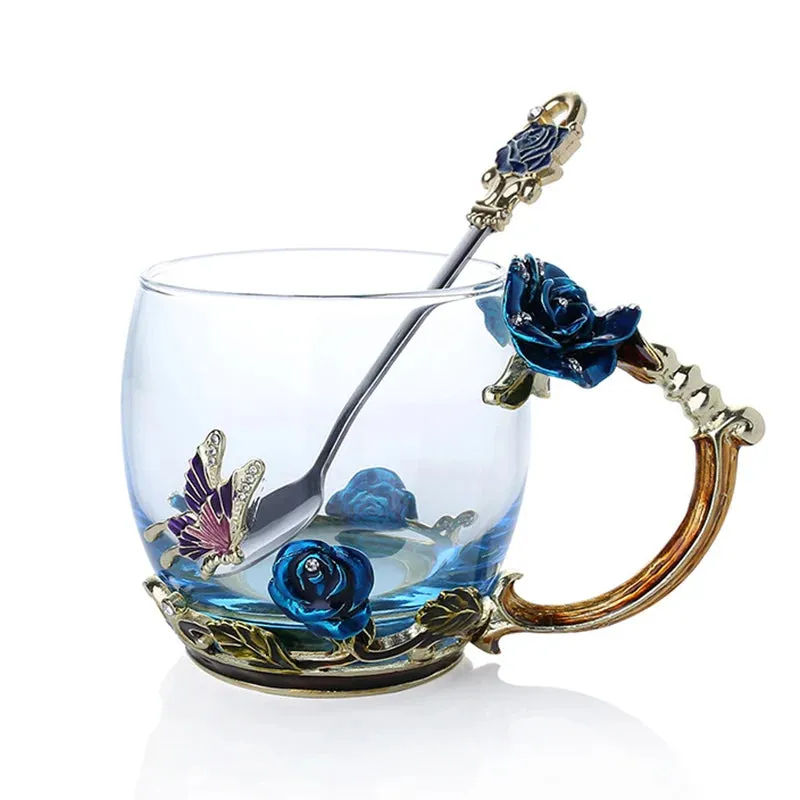 Handmade Enamels Coffee Mugs Rose Glass Tea Cup with Steel Spoon Luxury Unique Gifts for Wedding Valentine's Day Birthday Gifts