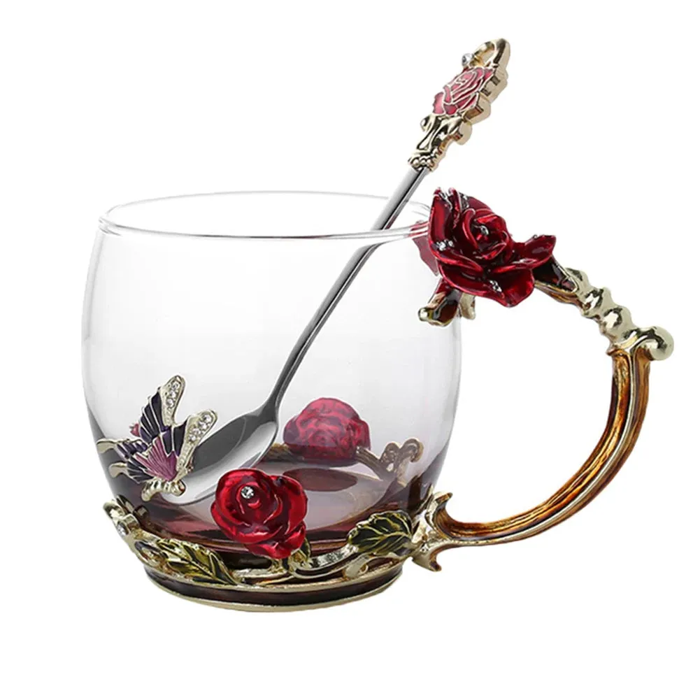 Handmade Enamels Coffee Mugs Rose Glass Tea Cup with Steel Spoon Luxury Unique Gifts for Wedding Valentine's Day Birthday Gifts