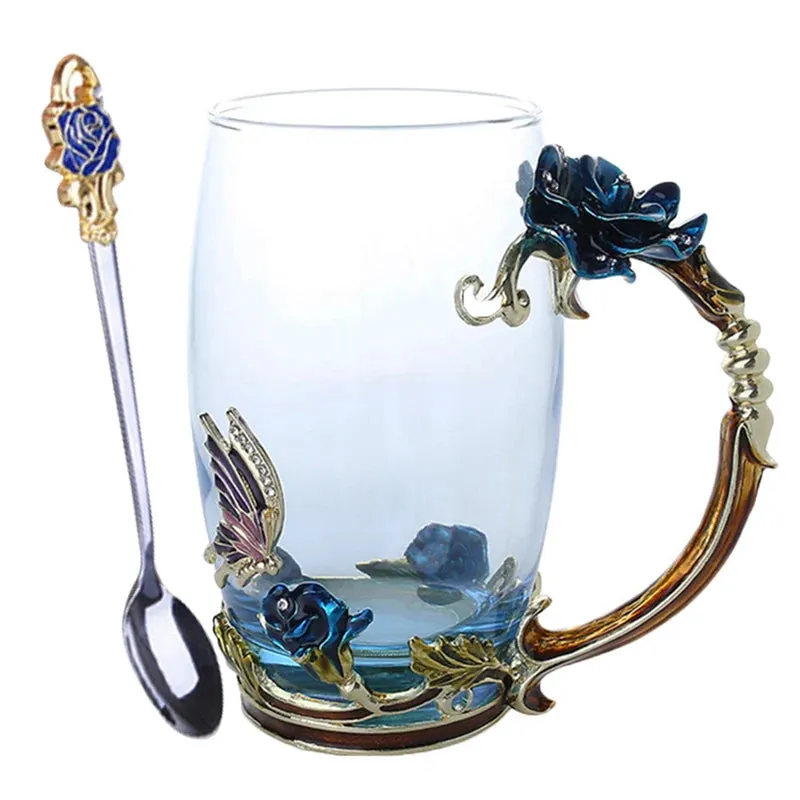 Handmade Enamels Coffee Mugs Rose Glass Tea Cup with Steel Spoon Luxury Unique Gifts for Wedding Valentine's Day Birthday Gifts