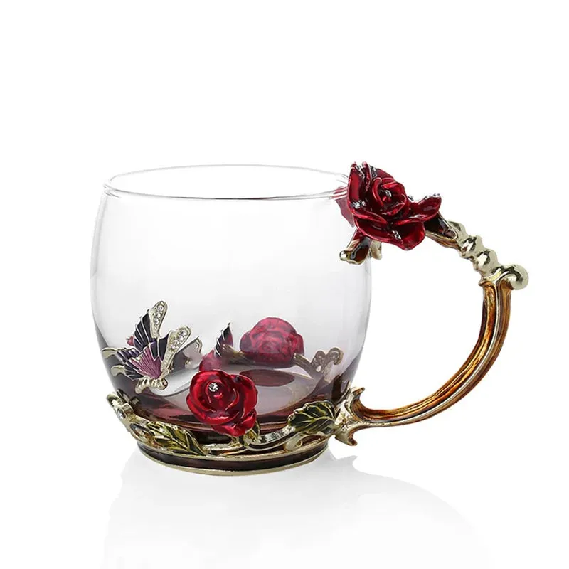 Handmade Enamels Coffee Mugs Rose Glass Tea Cup with Steel Spoon Luxury Unique Gifts for Wedding Valentine's Day Birthday Gifts