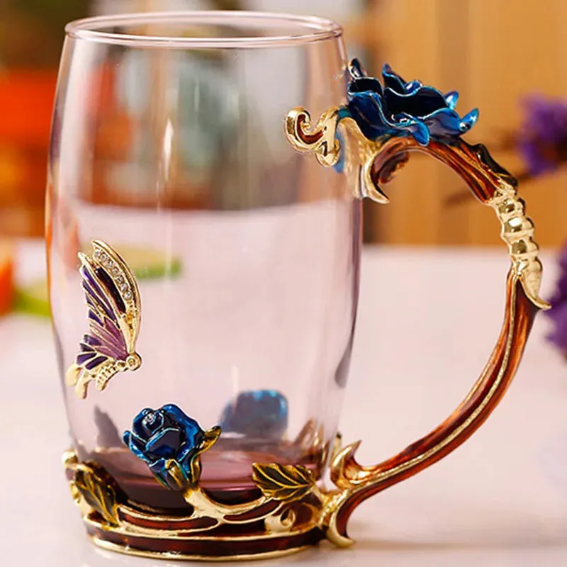Handmade Enamels Coffee Mugs Rose Glass Tea Cup with Steel Spoon Luxury Unique Gifts for Wedding Valentine's Day Birthday Gifts