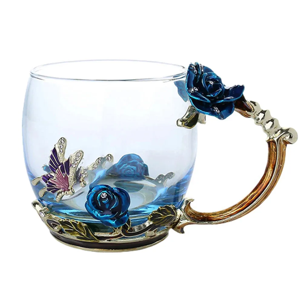 Handmade Enamels Coffee Mugs Rose Glass Tea Cup with Steel Spoon Luxury Unique Gifts for Wedding Valentine's Day Birthday Gifts