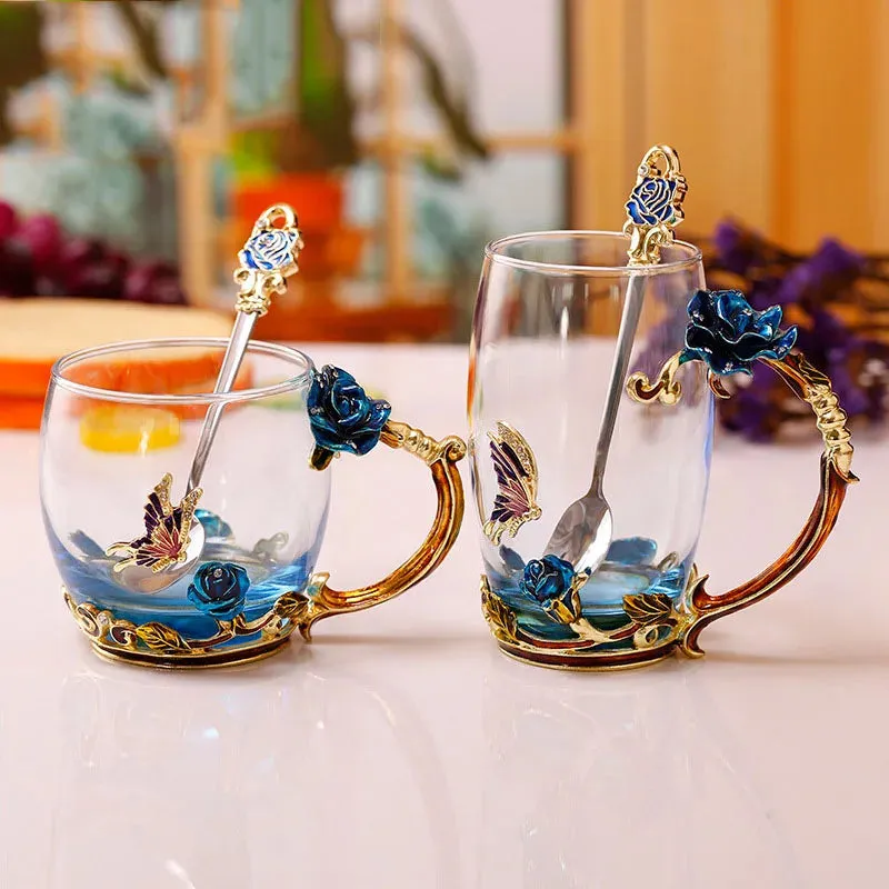 Handmade Enamels Coffee Mugs Rose Glass Tea Cup with Steel Spoon Luxury Unique Gifts for Wedding Valentine's Day Birthday Gifts