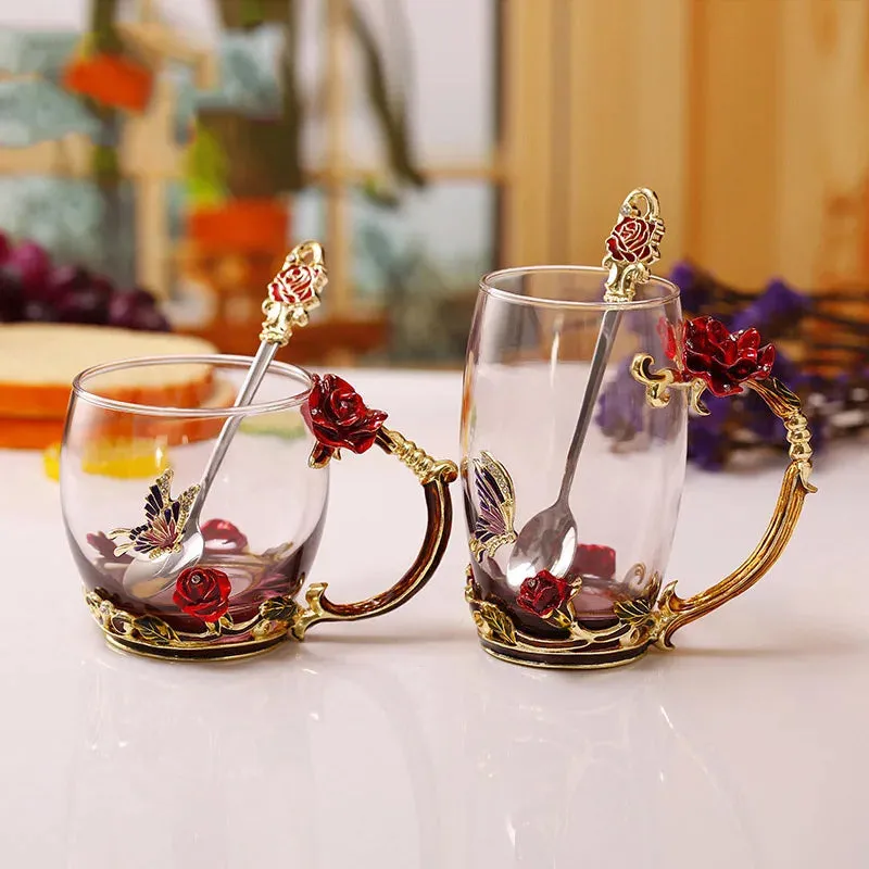 Handmade Enamels Coffee Mugs Rose Glass Tea Cup with Steel Spoon Luxury Unique Gifts for Wedding Valentine's Day Birthday Gifts