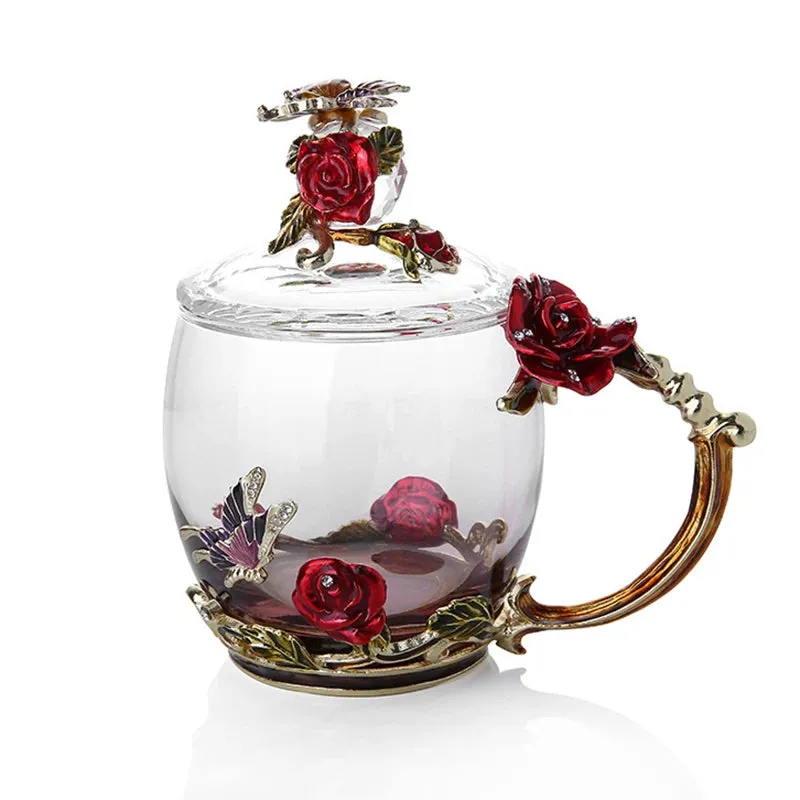 Handmade Enamels Coffee Mugs Rose Glass Tea Cup with Steel Spoon Luxury Unique Gifts for Wedding Valentine's Day Birthday Gifts