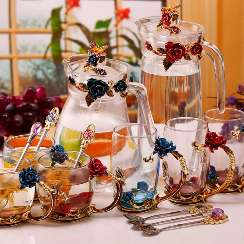Handmade Enamels Coffee Mugs Rose Glass Tea Cup with Steel Spoon Luxury Unique Gifts for Wedding Valentine's Day Birthday Gifts