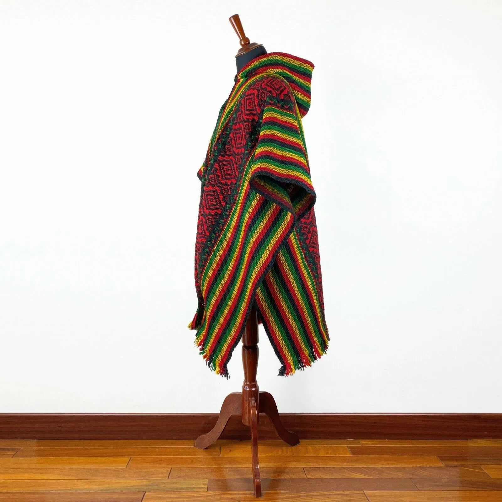 Llama Wool Unisex South American Handwoven Hooded Poncho - striped with diamonds rasta/hippie