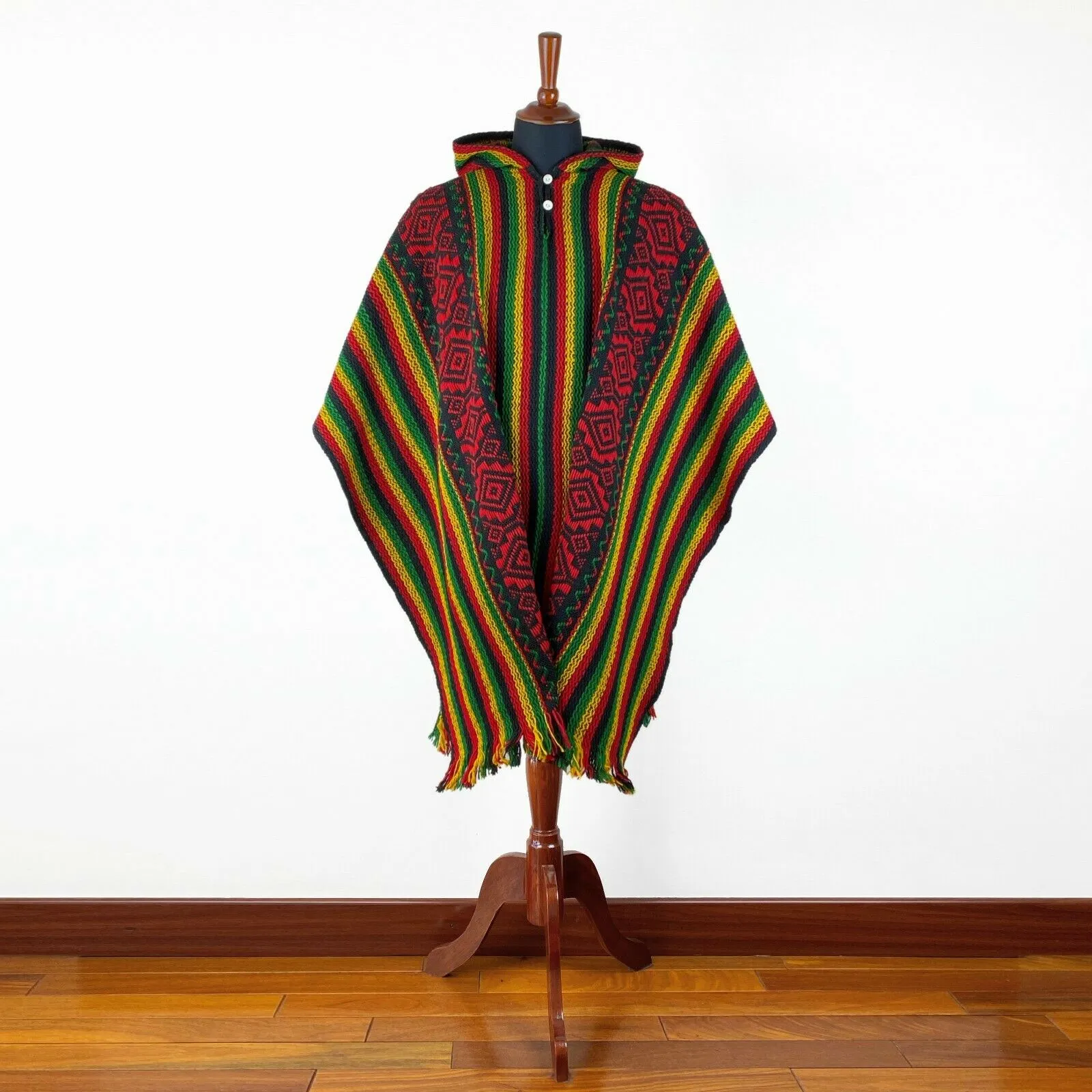 Llama Wool Unisex South American Handwoven Hooded Poncho - striped with diamonds rasta/hippie