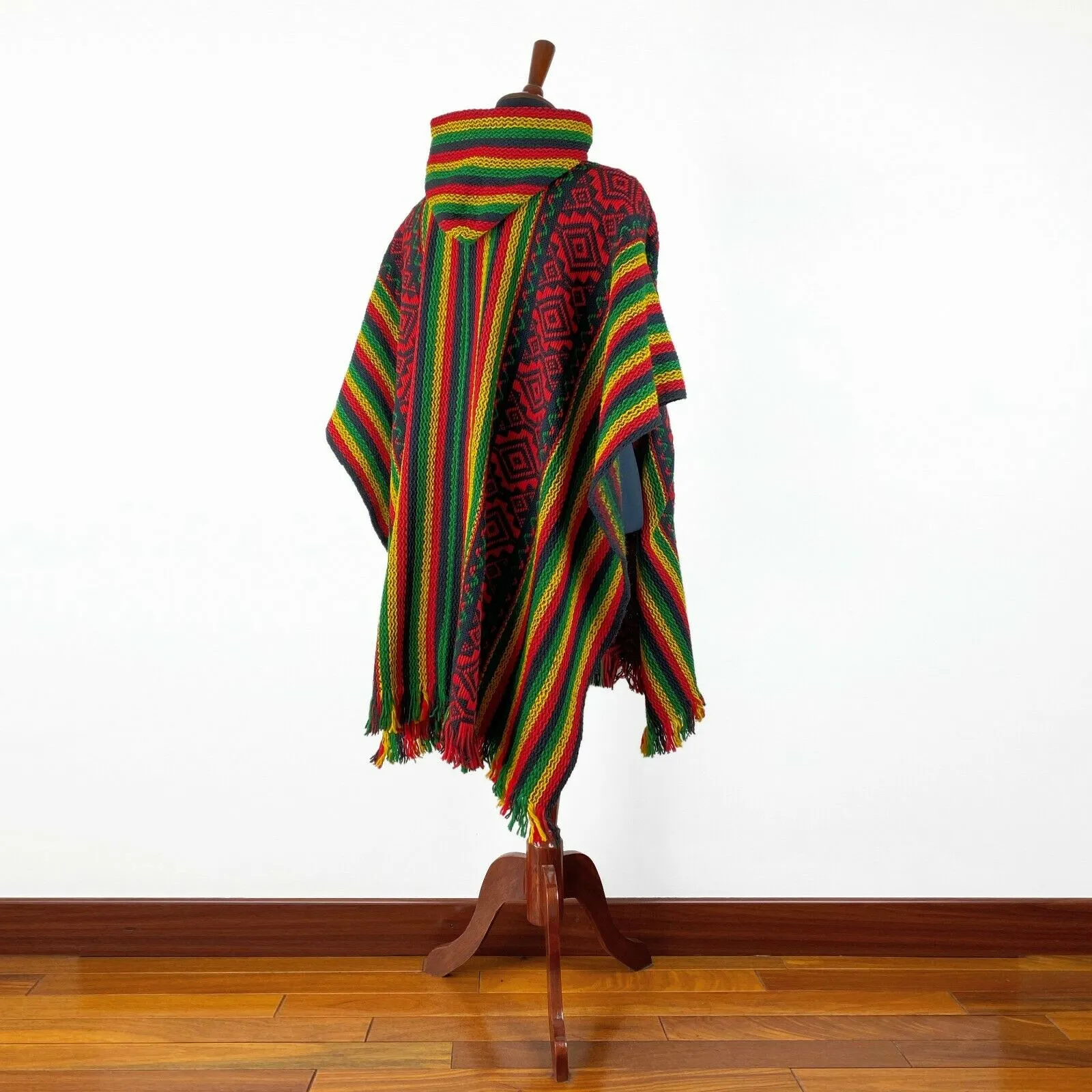 Llama Wool Unisex South American Handwoven Hooded Poncho - striped with diamonds rasta/hippie