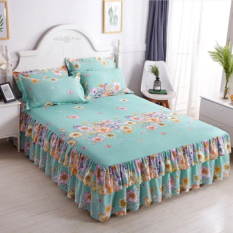 Lotus Leaf Non-slip Bed Skirt with Flowers Bed Sheet