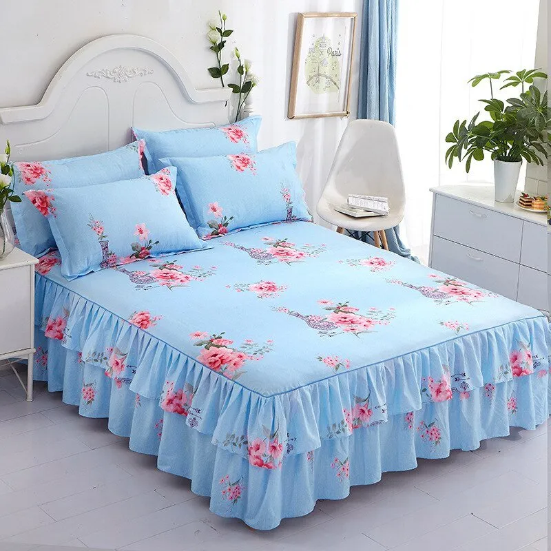 Lotus Leaf Non-slip Bed Skirt with Flowers Bed Sheet