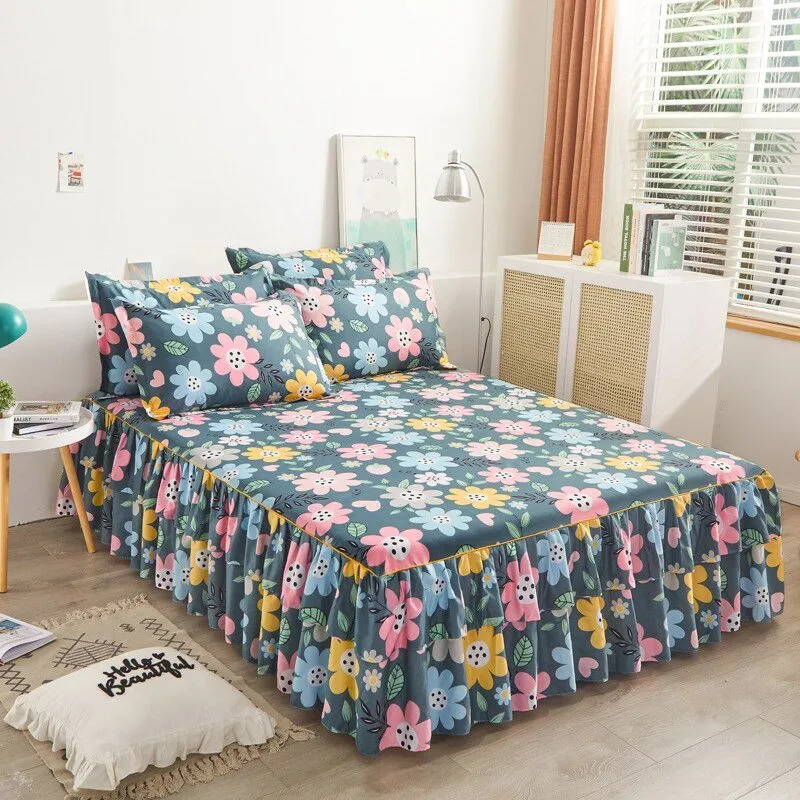 Lotus Leaf Non-slip Bed Skirt with Flowers Bed Sheet