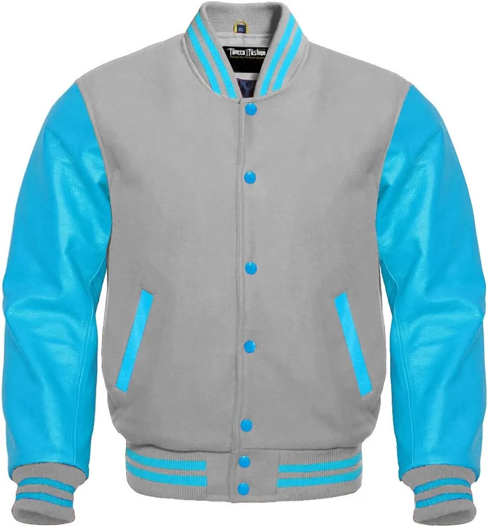 Men's Baseball Letterman Wool and Genuine Sky Blue Leather Sleeves Bomber Style Varsity Jacket