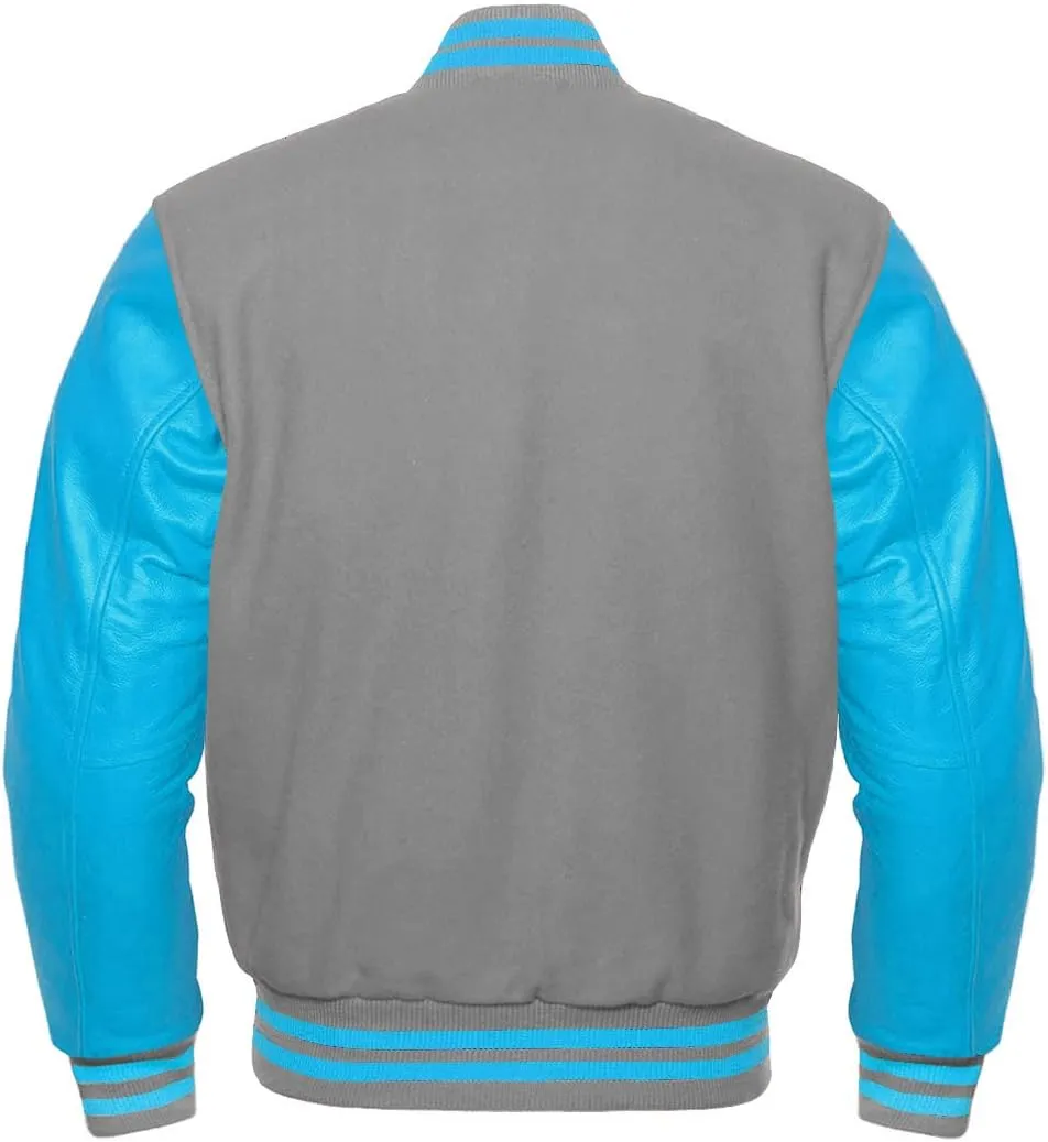 Men's Baseball Letterman Wool and Genuine Sky Blue Leather Sleeves Bomber Style Varsity Jacket