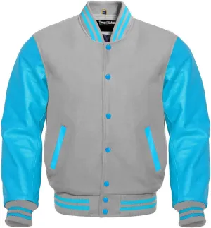 Men's Baseball Letterman Wool and Genuine Sky Blue Leather Sleeves Bomber Style Varsity Jacket