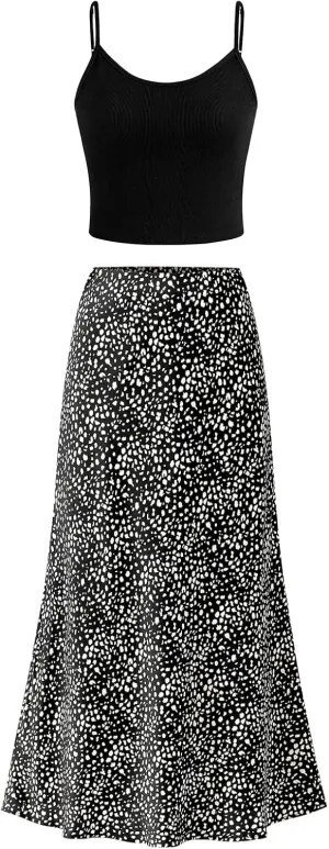 PRETTYGARDEN High Waisted Floral Maxi Skirt Sets Women 2 Piece Outfits Summer Cropped Cami Tank Tops Beach Vacation Clothes