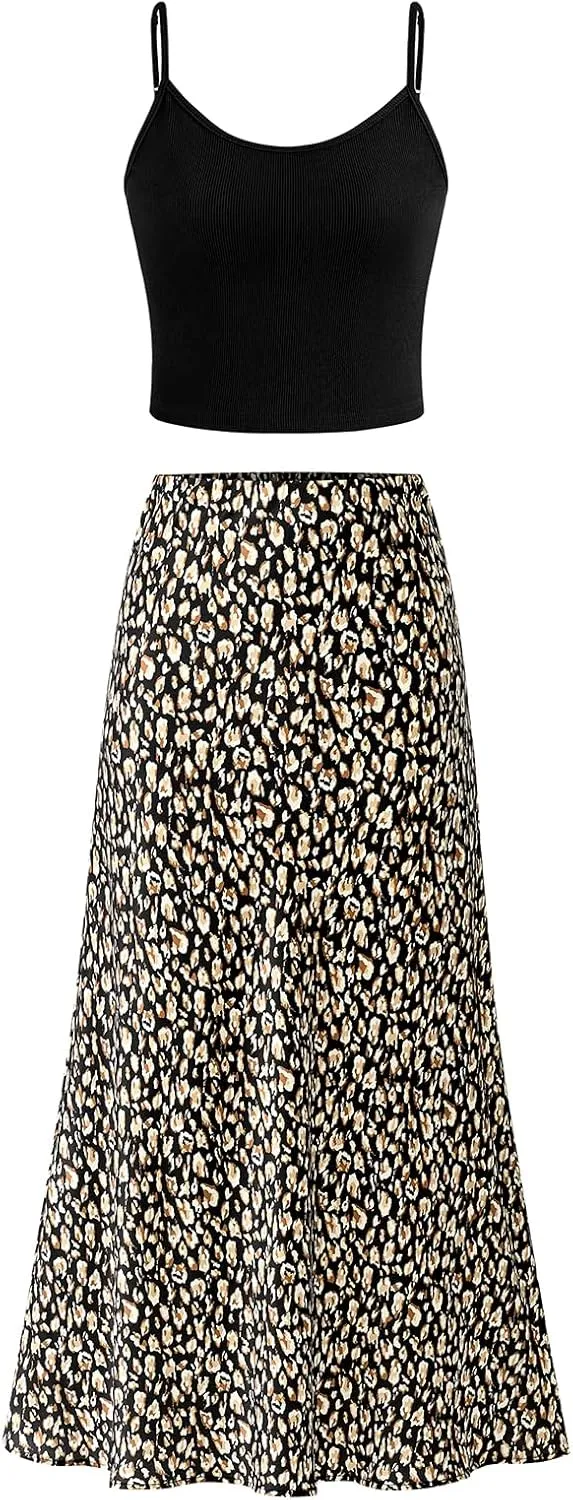 PRETTYGARDEN High Waisted Floral Maxi Skirt Sets Women 2 Piece Outfits Summer Cropped Cami Tank Tops Beach Vacation Clothes