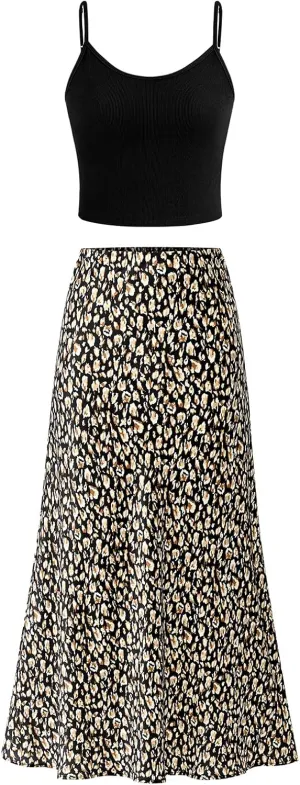 PRETTYGARDEN High Waisted Floral Maxi Skirt Sets Women 2 Piece Outfits Summer Cropped Cami Tank Tops Beach Vacation Clothes