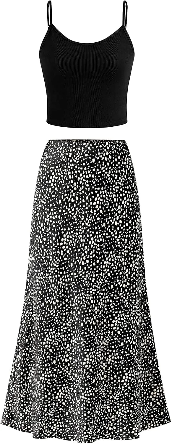 PRETTYGARDEN High Waisted Floral Maxi Skirt Sets Women 2 Piece Outfits Summer Cropped Cami Tank Tops Beach Vacation Clothes