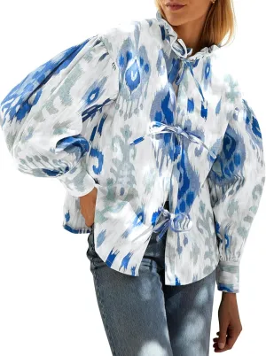 Tankaneo Womens Floral Printed Tie Front Blouses Dressy Casual Vintage Mock Neck Tops Oversized Long Sleeve Shirts