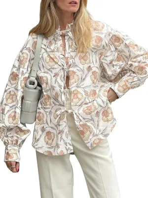 Tankaneo Womens Floral Printed Tie Front Blouses Dressy Casual Vintage Mock Neck Tops Oversized Long Sleeve Shirts