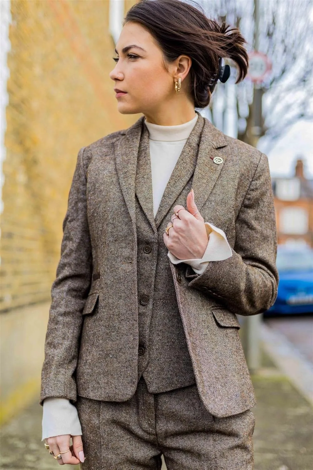 Women Blazer Tweed Herringbone Wool Classic Smart Casual Vintage Check 1920s
