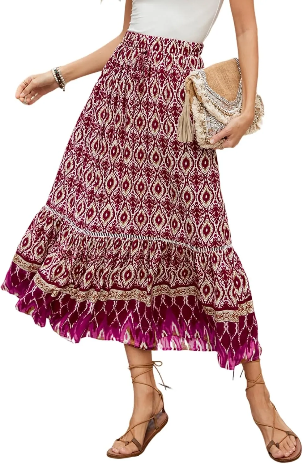 Women's 2025 Spring Summer Boho Floral Elastic Waist Flowy Swing Pleated A Line Long Maxi Beach Skirt