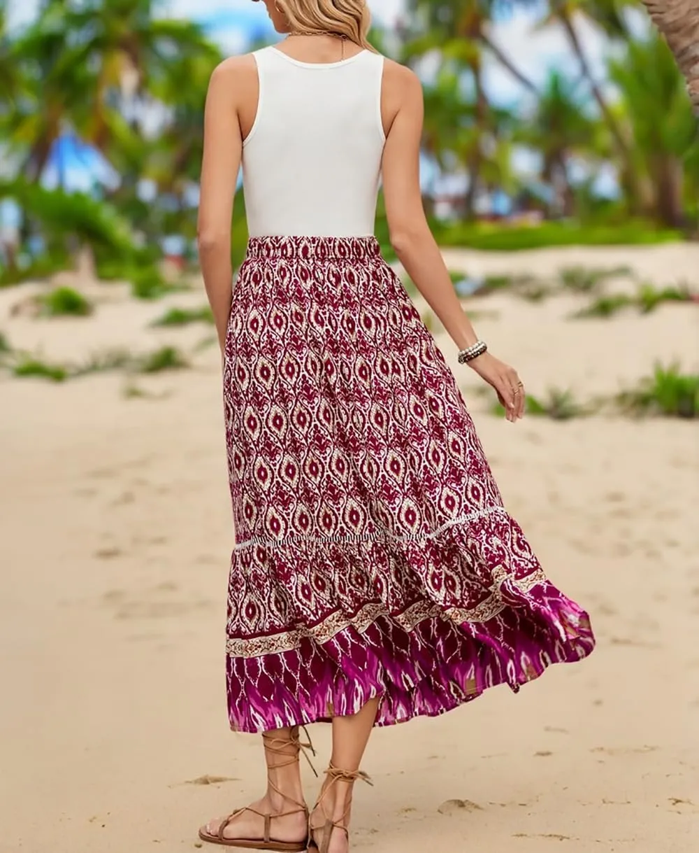 Women's 2025 Spring Summer Boho Floral Elastic Waist Flowy Swing Pleated A Line Long Maxi Beach Skirt