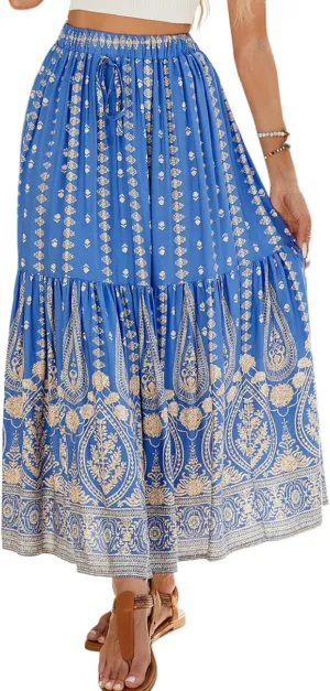 Women's 2025 Spring Summer Boho Floral Elastic Waist Flowy Swing Pleated A Line Long Maxi Beach Skirt