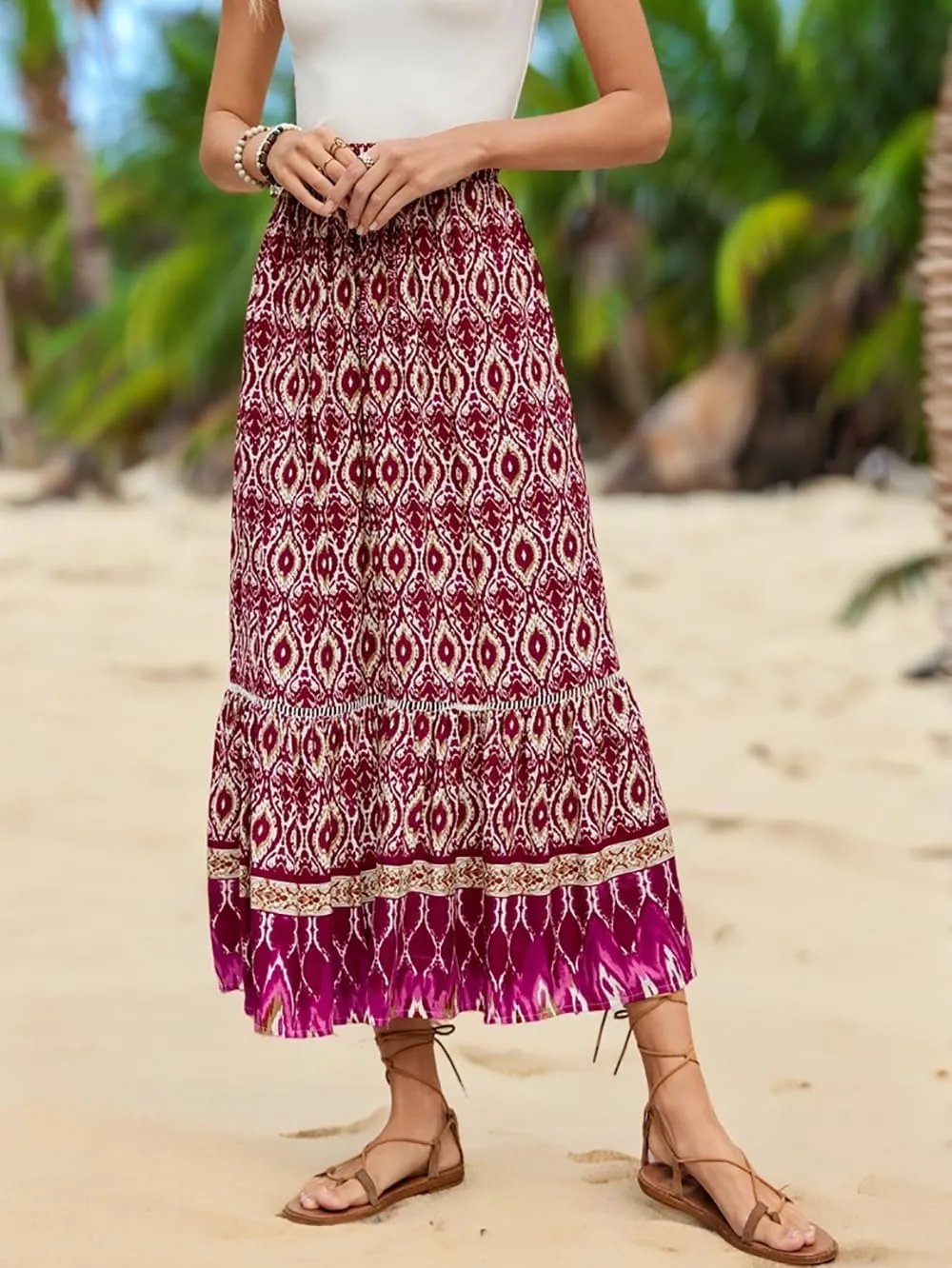 Women's 2025 Spring Summer Boho Floral Elastic Waist Flowy Swing Pleated A Line Long Maxi Beach Skirt