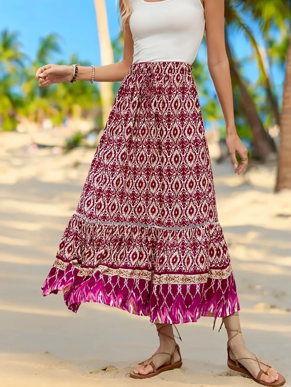 Women's 2025 Spring Summer Boho Floral Elastic Waist Flowy Swing Pleated A Line Long Maxi Beach Skirt