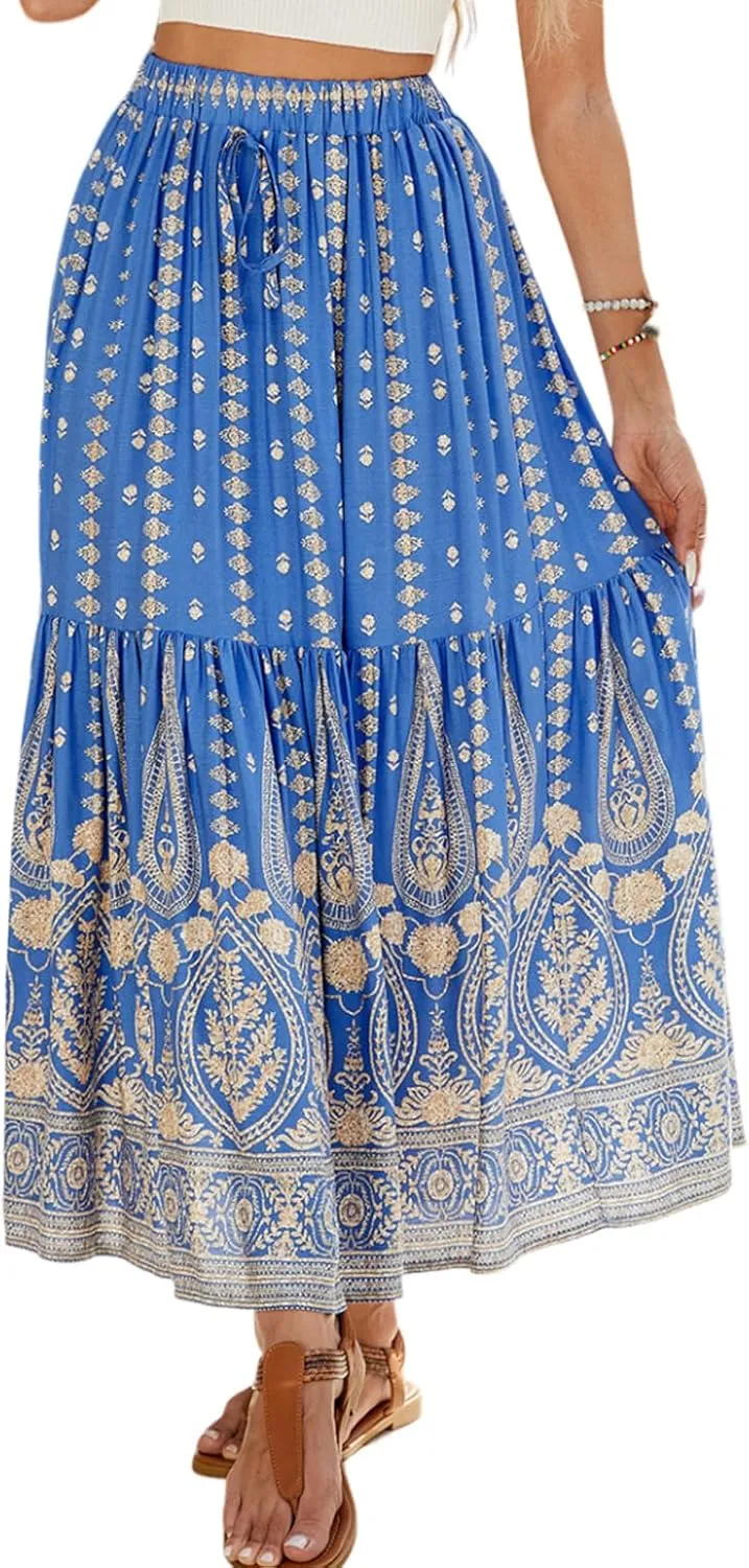 Women's 2025 Spring Summer Boho Floral Elastic Waist Flowy Swing Pleated A Line Long Maxi Beach Skirt