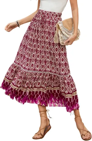 Women's 2025 Spring Summer Boho Floral Elastic Waist Flowy Swing Pleated A Line Long Maxi Beach Skirt