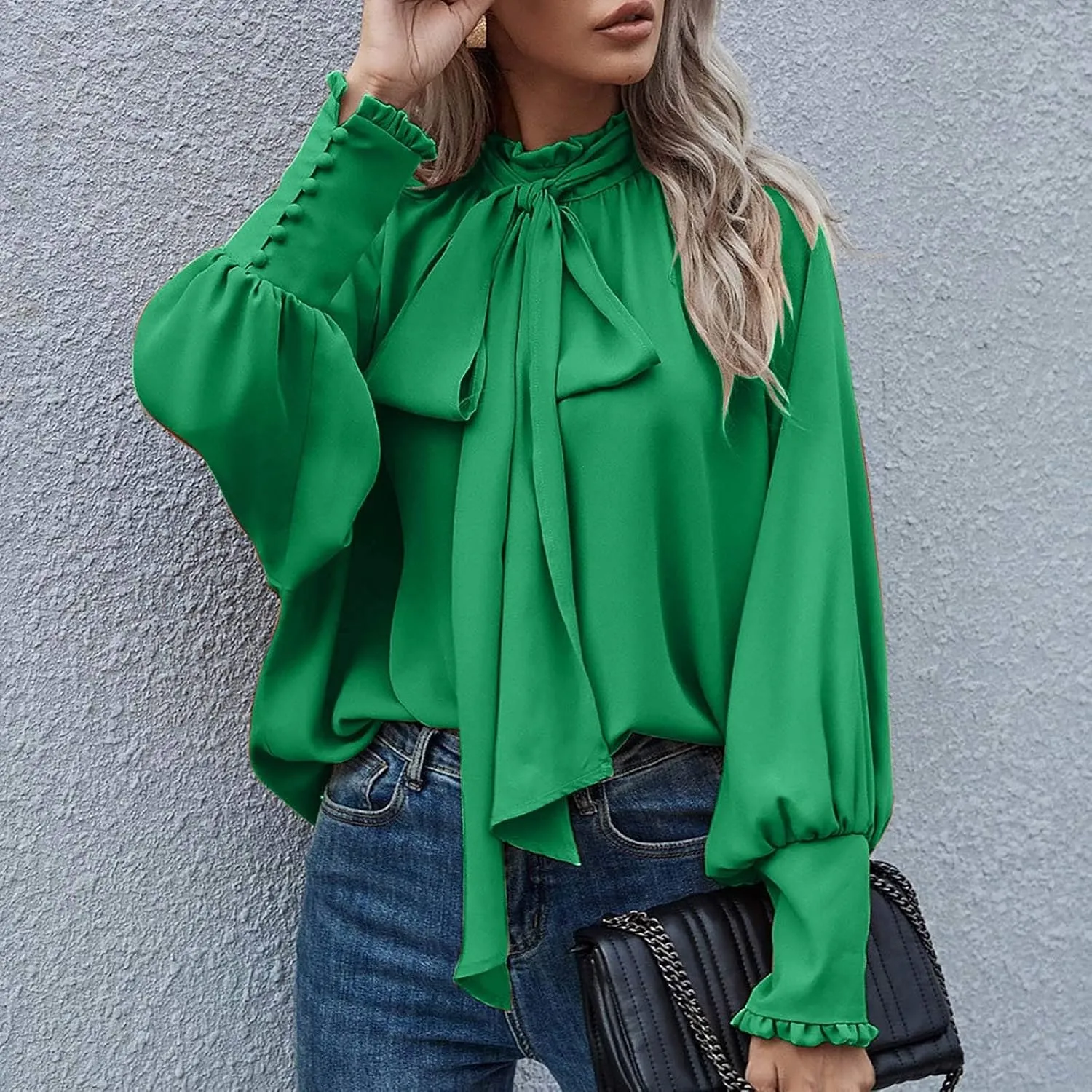 Womens Elegant Business Shirts Fashion Ruffle Button Long Sleeve Tops Bow Tie Mock Neck Tunic Work Office Blouse
